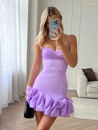 Casual Dresses Sexy Spaghetti Strap Lace Mesh Ruffle Edge Mini Dress Women Violet Pink Sleeveless Ruffled Slim Stain Prom Cocktail Dresse