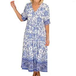 Casual Dresses Floral Boho T Shirt Dress Summer Women Short Sleeve Plus-size Sundress Wrap V Neck A Line Maxi For