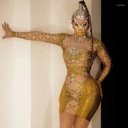 Stage Wear Vintage Print Gold Tassel Crystal Tight Dress DJ Singer Bar Prom Party Birthday Celebrate Performance Fringe CostumE