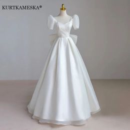 French Luxury White Satin Maxi Wedding Dresses for Bride Elegant Sexy Slim Puff Sleeve Long Prom Party Dress Women vestidos 240314