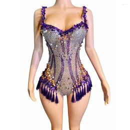 Stage Wear Sparkly Rhinestones Sequins Tassels V Neck Bodysuit Women Sexy Performance Dance Costume Nightclub Singer Dancer Poshoot