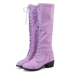 Boots Demin Fabric Colourful Purple Pink Orange Jeans Shoes Women Winter Chunky Heels Boots Laceup Knee High Riding Equestrian Boots