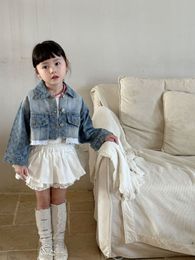 Fashion girls letter tassel denim jacket INS kids lapel short cowboy outwear 2024 spring children casual coat S1216