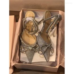 Dress Shoes 10.5cm High-heeled MACH Crystal-Embellished Bow Pumps Ankle Strap Women Pointed Toe Rhinestone Design Bowtie Bridesmaid