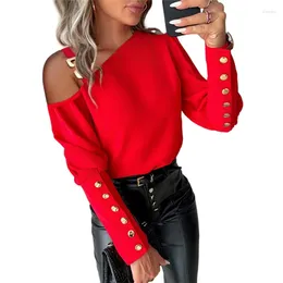 Women's Blouses 2024 Fashion Slant Neck Pullover Shirt Women Metal Button Patchwork Single Suspenders Blouse Female Elegant Office Commuter