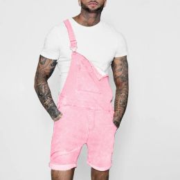 Pants Pink Denim Overall Shorts for Men Fashion Hip Hop Streetwear Mens Jeans Overall Shorts Plus Size Summer Short Jean Jumpsuits