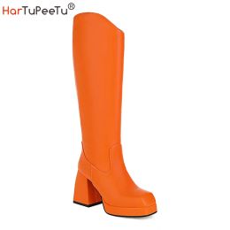 Boots INS HOT Platform Cropped Boots Zip Square Toe Stretch Knee High Booties High Quality Chunky Handmade Autumn Winter Women Shoes
