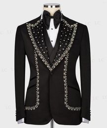 Men's Suits Design Black Diamonds Beadings 3 Pieces Blazer Pants One Button Men Tuxedo High Fashion Wedding Prom Plus Size Custom Made