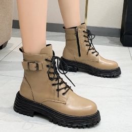 Boots Fashion Metal Motorcycle Boots Women 2023 Autumn Winter Short Plush Ankle Boots Woman PU Leather Thick Sole Combat Botas