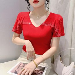 Women's T Shirts 2024 Summer Mesh Tops Korean Fashion V Neck Diamond Shirt Ruffle Short Sleeved