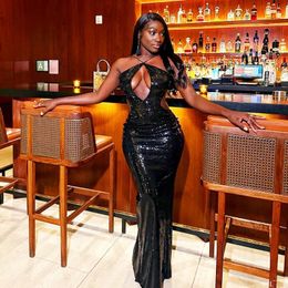 Casual Dresses Women Sexy Black Sequins Maxi Evening Party Dress Hollow Out Strapless Halter Backless Split Bodycon Clubwear Birthday Long