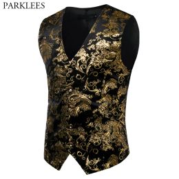 Vests Mens Gold Metallic Paisley Printed Steampunk Vest Single Breasted V Neck Wedding Waistcoat Men Tuxedo Aristocrat Vests Gilet 2XL