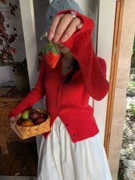 Women's Knits V-neck Knitted Cardigan With Red Sweater Jacket Versatile Slim Fit Long Sleeved Top