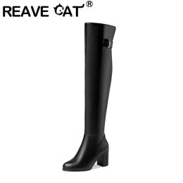 Boots REAVE CAT Sexy Ladies Mid Block Heel Over Knee Boots 51cm Zip PU Leather Water Proof Big Size 52 Party Warm Winter Plush F1292