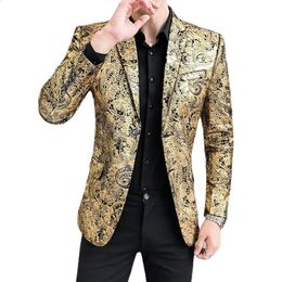 Luxury Gold Striped Print Blazer Street Casual Mens Slim Fit Suit Jacket Male Party Club Stage Formal 5xl Masculino 240307