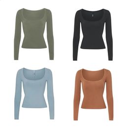 Pure Color Minimalism Style Square Neck U-Neck Modal Elastic Slim Fit Long Sleeve T-Shirt Underlay WomenS Top 240311