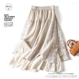Skirts Vintage Chic Embroidery Linen Cotton Long Women Summer Elastic High Waist Pleated Maxi Skirt Female Elegant A-Line