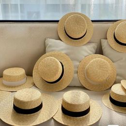 Berets Women Wide Brim Boater Hat 5/7/10cm Straw Flat Summer White Black Ribbon Sun Beach Cap Sombrero Mujer Playa