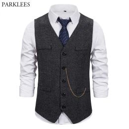 Vests Men's Gentleman Herringbone Tweed Suit Vest Slim Fit V Neck Chain Decoration Waistcoat Men Formal Business Casual Chaleco Hombre