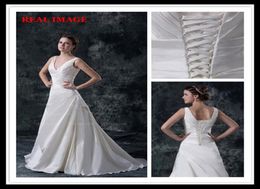 2015 A Line V Neckline Pleats Satin Wedding Dresses Floor Length Court Train Bridal Gown BY0265810406