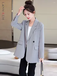 Women's Suits LANMREM Grey Blazers For Women Notched Long Sleeves Single Button Fashion Coat Office Lady Clothing 2024 Spring 2DA3821
