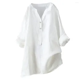 Women's Blouses 2024 White Cotton Linen Blended Shirts Tops Button V-neck Loose Blouse Women Vintage Oversized Long Sleeve