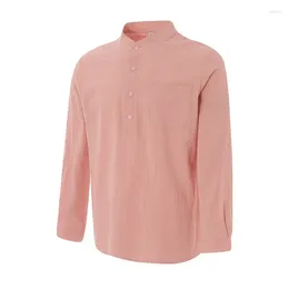Men's Casual Shirts Mens Cotton Linen Henley Tee Shirt Long Sleeve Stand Collar Button Down Lightweight Beach Blouse Tops