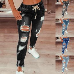 Women's Jeans Trouser High Women Flares Ankle Hole Solid Fashion Pants Bandage Colour Jean For Party Mom