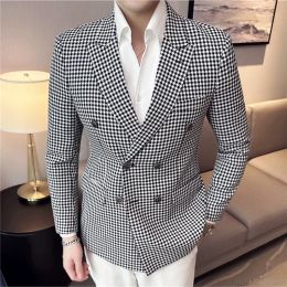 Jackets British Style Fashion Double Breasted Casual Blazer Coat 2023 Men Check Slim Fit Suit Jacket Formal Office Wedding Tuxedo Jacket