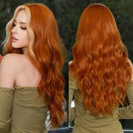 Synthetic Wigs Cosplay Wigs 7JHH WIGS Bright Orange Long Wavy Women Wig Natural Synthetic Wigs with Bangs for Black Women Daily Party Cosplay Heat Resistant 240327