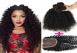 Brazilian Curly Human Hair Weft 3 Bundles And 1 Top Lace Closure4quotx4quot Curly For a Full Head Brazilian Peruvian Malaysi1714042