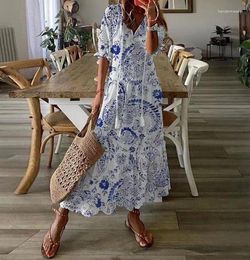 Casual Dresses Boho Maxi Dress Women Summer V Neck Loose Long Geometric Print Vintage Holiday Beach Tie Up Female Vestidos