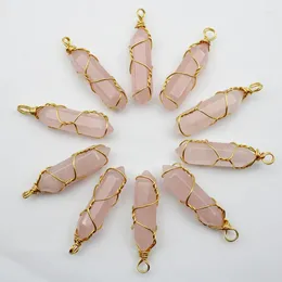 Pendant Necklaces Natural Stone Pink Quartz Pillar Shape Handmade Golden Iron Wire Pendants For Jewelry Making Wholesale 24pcs/lot