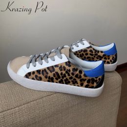 Boots Krazing Pot Brand Cow Leather Horsehair Leopard Round Toe Thick Bottom Sneakers Lace Up Breathable Casual Women Vulcanized Shoes