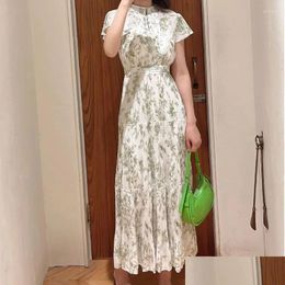 Basic Casual Dresses Neploe Waist Wrapped Printed Vestido Feminino 2023 Summer Butterfly Sleeve O Neck Robe Japanese Long Slim Fit Y2K Otzk7