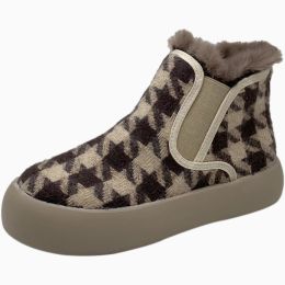 Boots Fashion Shoes Woman Winter Platform Snow Boots Plush Female Casual Sneakers Gingham Faux Suede Shoes with Fur Inside Coldproof