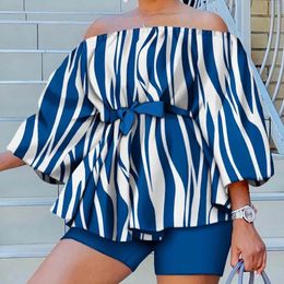 Womens Tracksuits Women Large Size 2 Piece Shorts Suit Trendy Striped Print Off Shoulder Tops Matching Set Leisure Streetwear