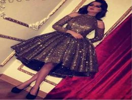 2019 Bling Bling Chocolate Sequin Crystal Ball Gown Short Prom Homecoming Dresses High Low High Neck Long Sleeve Cocktail Evening 7976661
