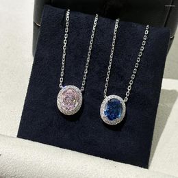 Chains 2024 Selling S925 Sterling Silver Pink Blue Zircon Oval Necklace Delicate Beautiful Fashion Simple