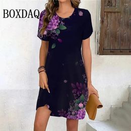 Party Dresses Purple Flowers Print For Women 2024 Summer Vintage Short Sleeve Mini Dress Casual Pullover O-Neck Plus Size Sundress 6XL
