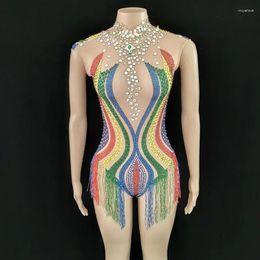 Stage Wear Multi Colour Tassel Rhinestones Leotard Mesh Fringe Bodysuit Nightclub Bar Sexy Club Party Dancer Performance Costume