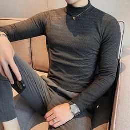 Men's Sweaters S-4XL Dark Striped Half Turtleneck Thickened Long-Sleeved T-shirt Slim Fit Bottoming Inner Wear Blouse Black