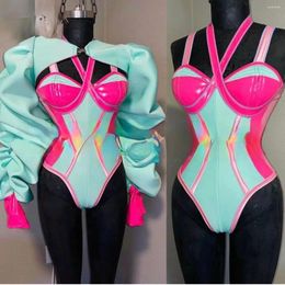 Stage Wear Blue Green Rose Red Pink Colour Matching Sexy Bodysuit Exaggerat Bubble Sleeve Top Nightclub Bar Female Singer Dance Outfit