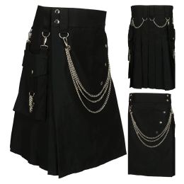 Dresses High Quality Men Pleated Skirt Fashion Cool Pocket Kilts Black Gothic Kilt Vintage Warrior Cargo Metal Belt Skirts