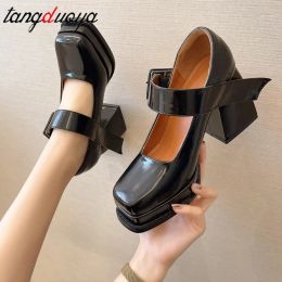 Boots platform heels Pumps mary janes Lolita shoes Women Pumps Leather High Heels Square Toe Lolita Shoes platform shoes chunky heels