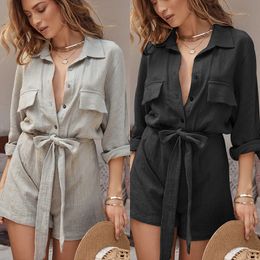 Trendy and Comfortable New Autumn European and American Women's Solid Colour Casual Shirt Jumpsuit with Cotton and Linen Fabric