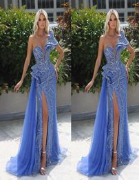 Glamorous Prom Dresses Mermaid Special Design Shoulder Shining Applicant and Beading Front High Split Tulle Court Gown Custom Made4750957