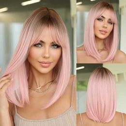 Cosplay Wigs Synthetic Wigs 14 Soft Straight Pink Wig With Dark Roots Synthetic Wigs With Bangs Female Bob Wigs For Women Daily Party Cosplay Use 240318 z240606