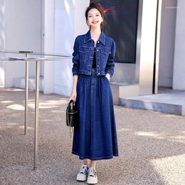 Work Dresses Women Blue Denim Skirt Sets Spring Autumn Casual Short Jeans Jacket Elastic High Waist Two-Piece Set Ladies Elegant Suit