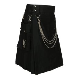 Dresses Summer Fashion Utility Kilt with Silver Chains Black Skirt Mens Scottish Festival Skirts Punk Rock Metal Pendant Pleated